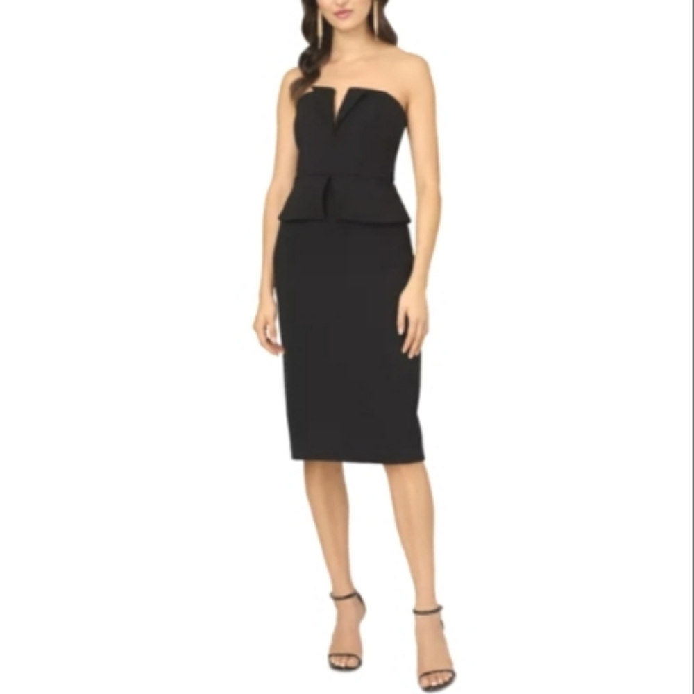 LIV FOSTER Strapless Black Peplum Midi Dress Stretch Crepe Size 6